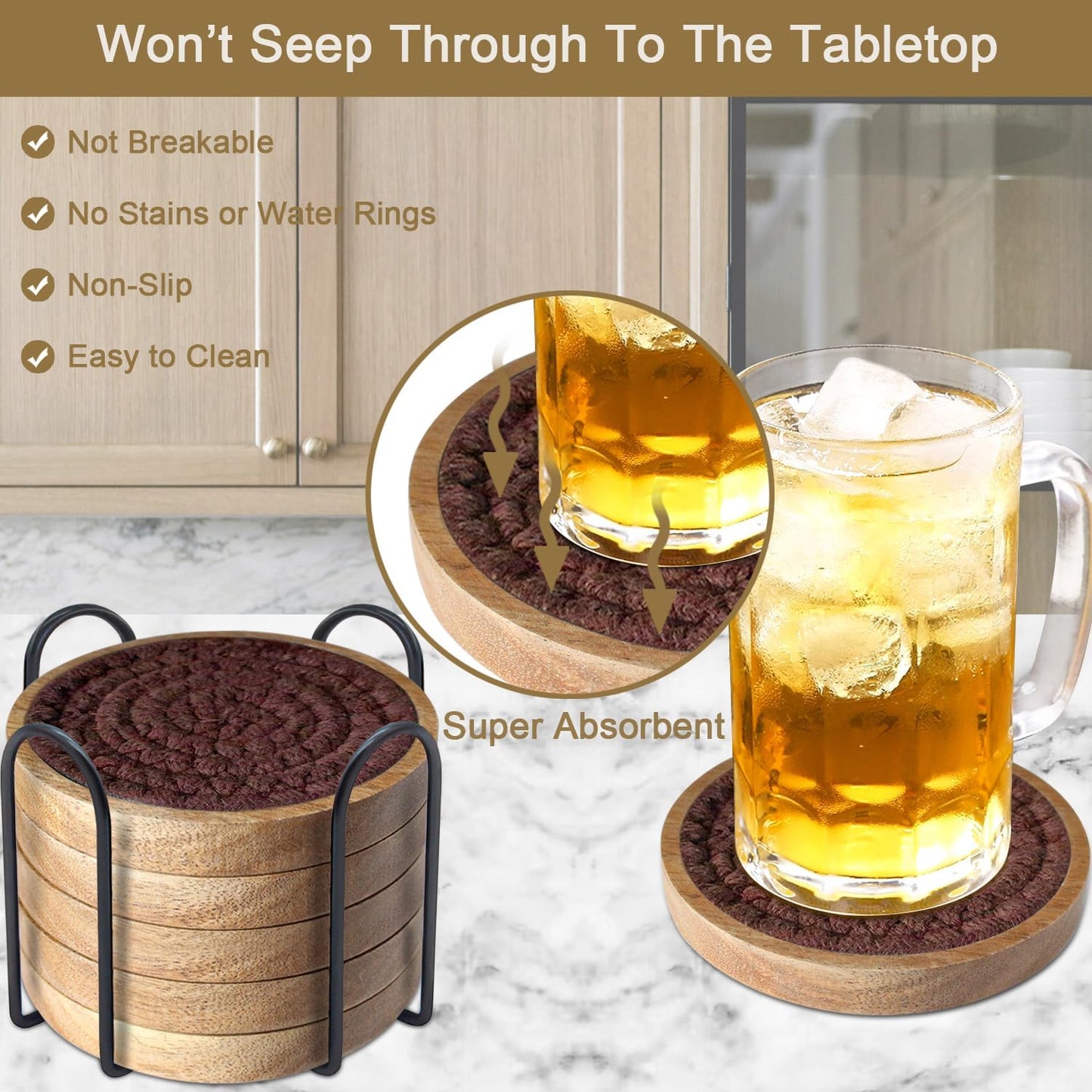 6 Pack Absorbent Coasters, 4.3 inches Cork for Coffee Tables, Wooden Drink Coasters for Kitchen, Farmhouse, Bar, and Office