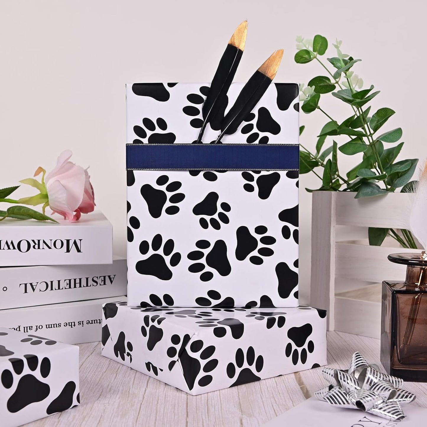 Vnaeem Paw Wrapping Paper Roll - Mini Roll - 17 Inch X 33 Feet - Dog Cat Wrapping Paper for Birthday, Baby Shower,Christmas, Holiday, New Year, Party, Celebration