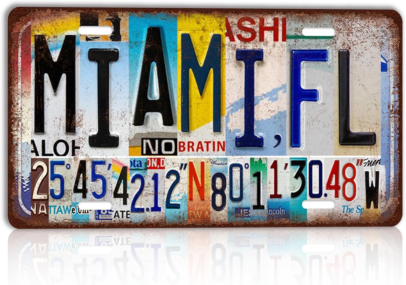 Vintage City License Plate Miami,FL Wall Decor Metal Tin Sign for Bar Home Bedroom 12 x 6 Inches （Including latitude and longitude）