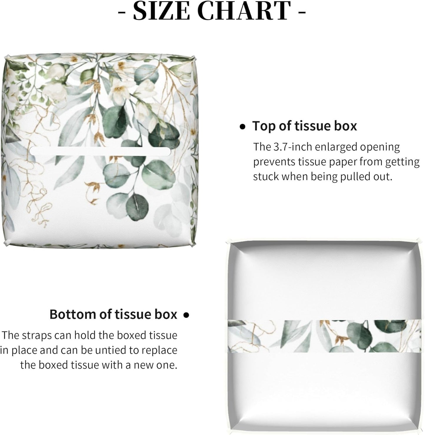 Eucalyptus Leaves and Flowers Tissue Box Cover Square,Watercolor Green Leaves Branches Tissue Box Holder Waterproof Leather Facial Paper Organizer Dispenser for Bathroom Home Car Nightstand Vanity