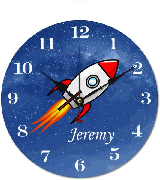 10 inch Personalized Rocket Kids Name Wall Clocks Battery Operated for Kids Bedrooms Nursery School Playroom Decor,Custom Kids Name Wall Clock,Educational Wood Round Clock Silent