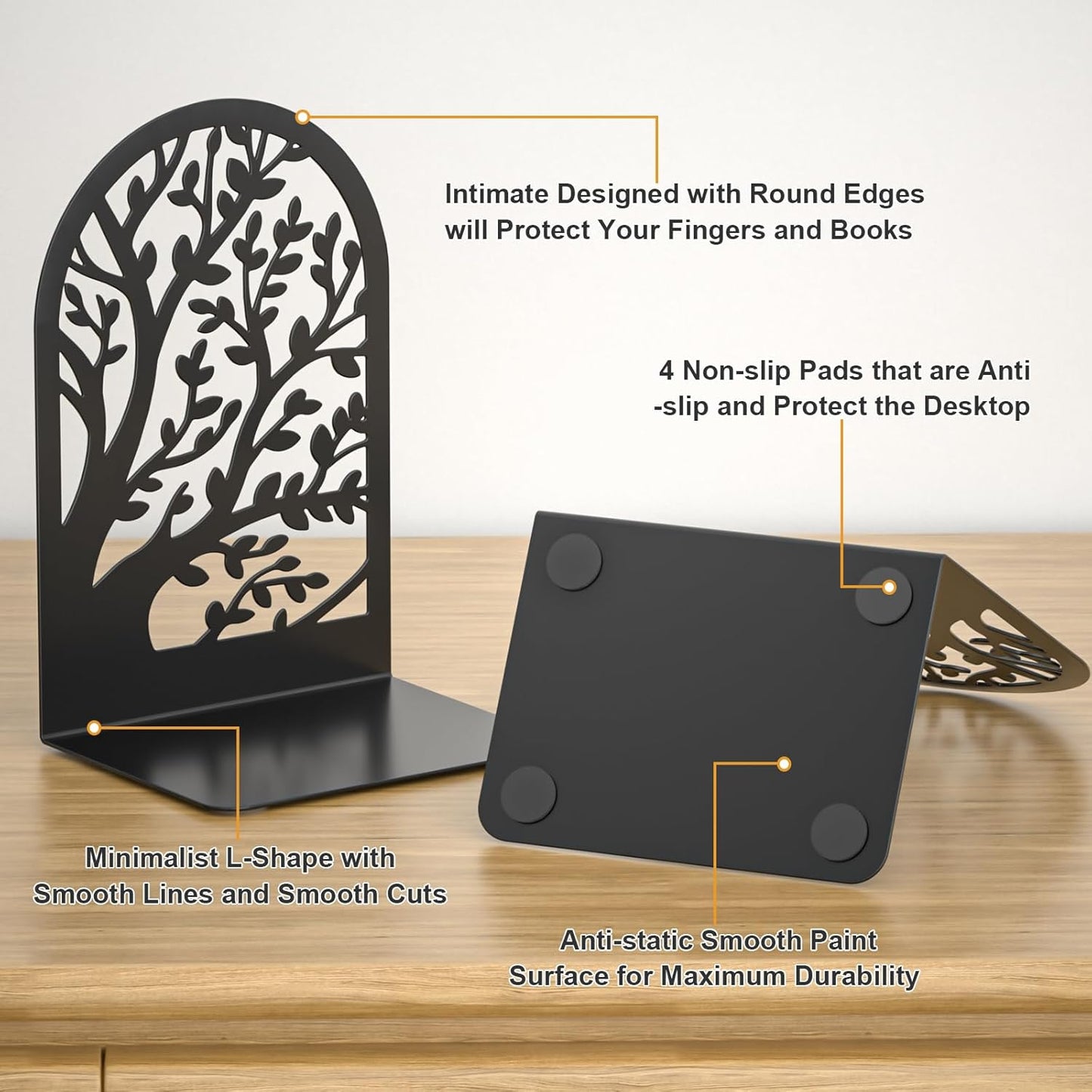 VFINE Bookend 3 Pairs, Decorative Book End, Bookends for Shelves, Desktope Book Ends, Book Stopper to Hold Books, Unique Black Metal Tree Book Holder for Home Office