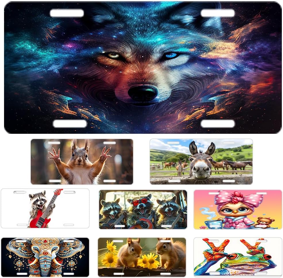 Custom License Plate Personalized Animal Wolf Funny Aluminum Front License Plates Decorative Rust-Free Metal Car Plate Covers for Women Men Car Tag Accessories fit Truck SUV Rv 12 X 6 in