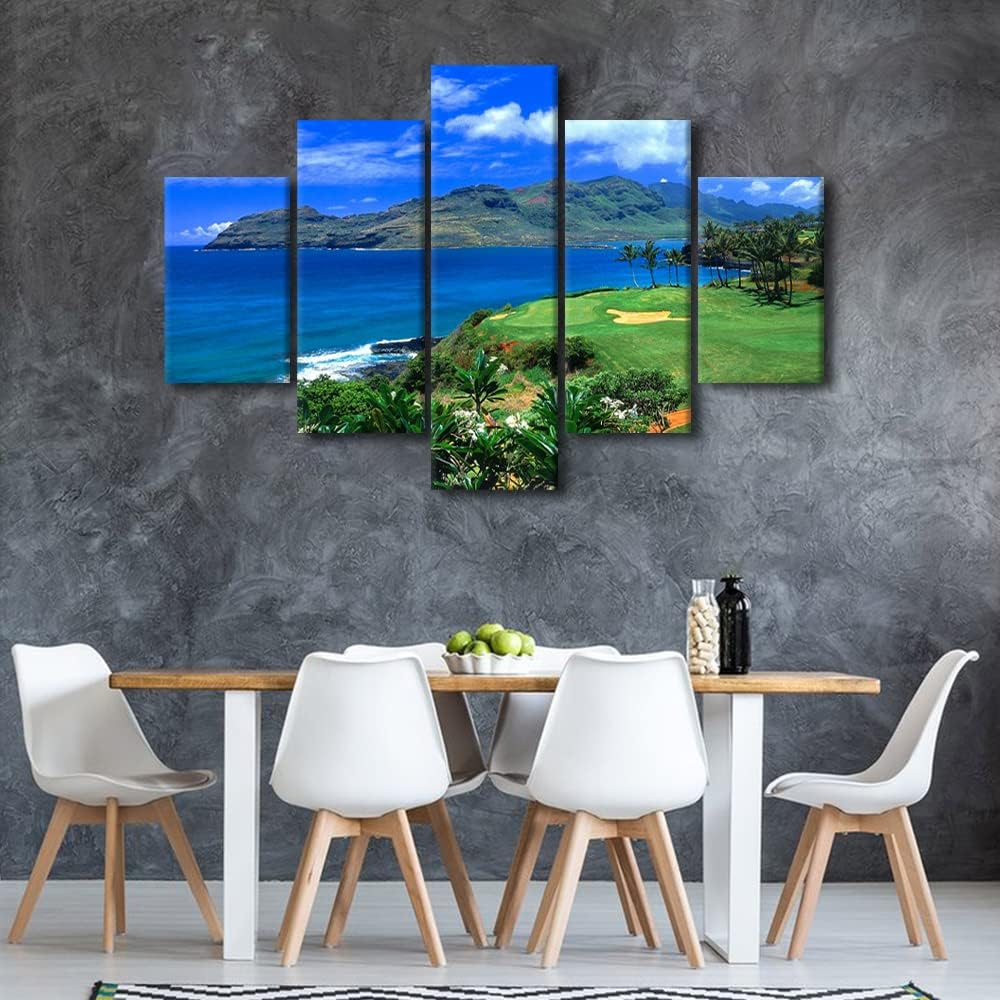 5 Piece Canvas Wall Art for Living Room Golf Course Pictures White Golf Ball Paintings Green Lawn Scenery Artwork Gallery-Wrapped Modern Home Decor Posters and Prints Framed Ready to Hang - 60"Wx40"H
