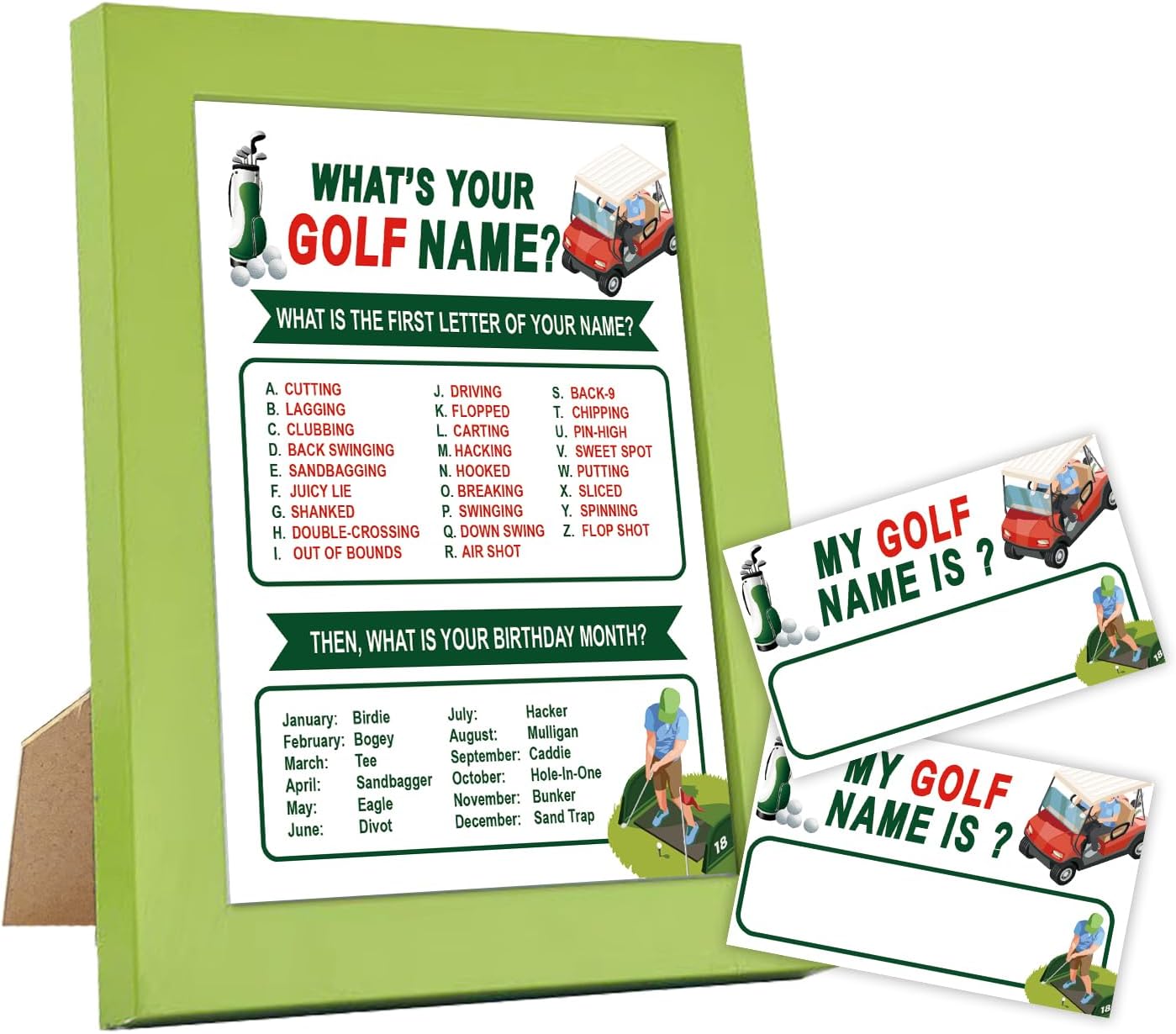 ZAQTS-What's Your Golf Name, Green Frame, 1 Golf Theme Sign, 30 Name Tag Stickers, Golf Birthday Party Game, Icebreakers, Birthday Party Decorations, Family Fun-MZ02
