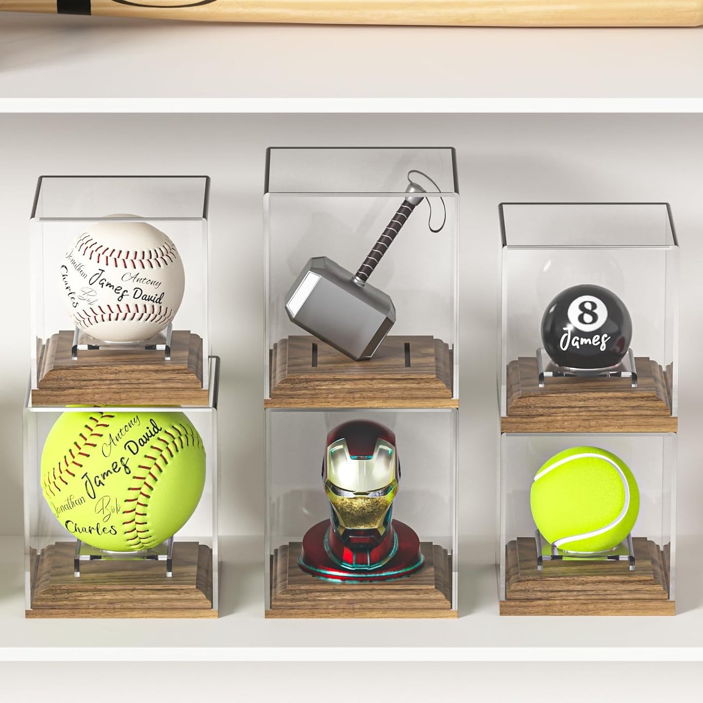 Softball Display Case Walnut Wood Base Acrylic Softball Case Display Softball Holder Stand Cube Memorabilia Showcase Autograph Ball Protector for Official Size Ball Display