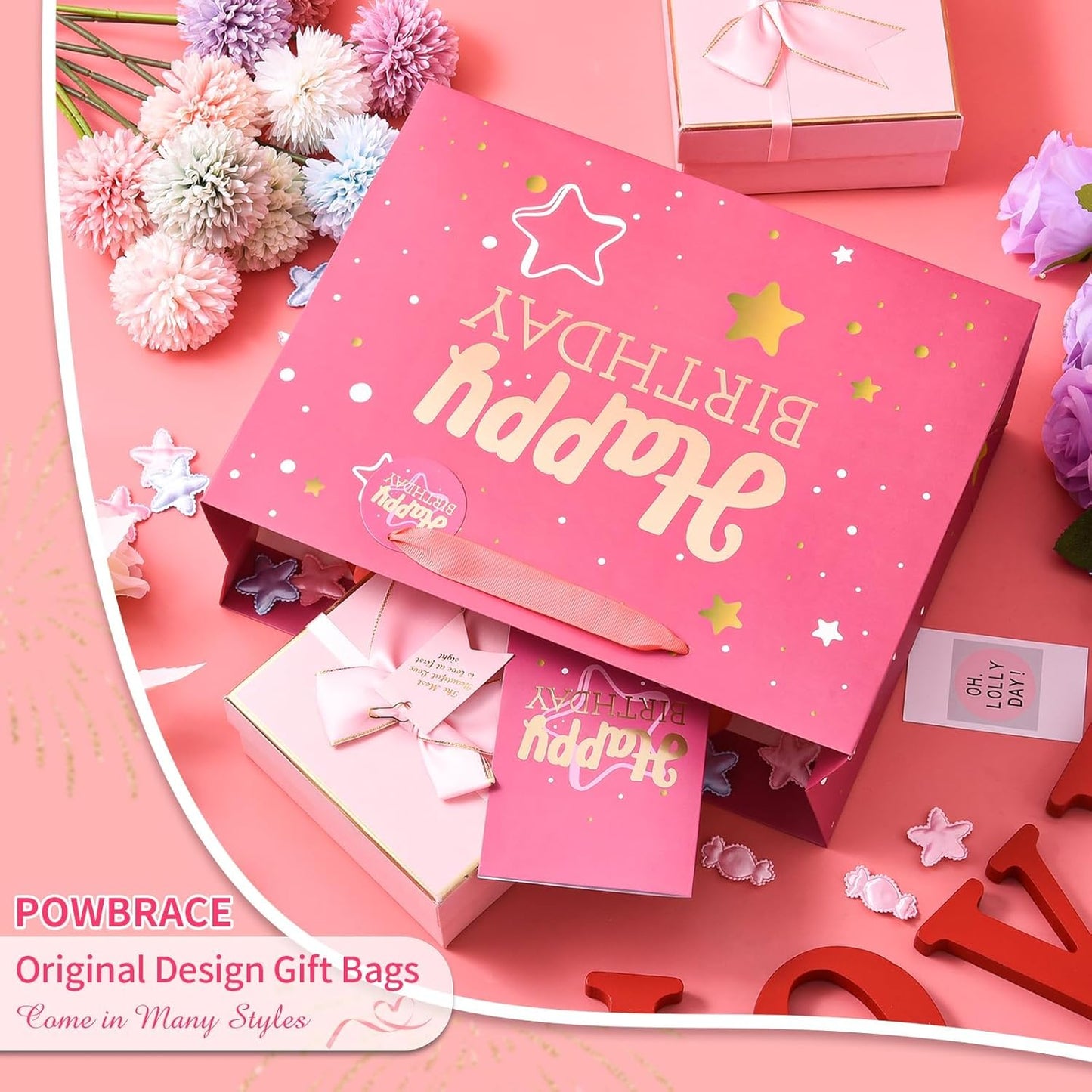 13" Pink + Black Happy Birthday Gift Bag with Tissue Paper and Greeting Card for Party,Happy Birthday Gift Bag for Men Women, Gift Bags Medium size(2 PCS Pink & Black)