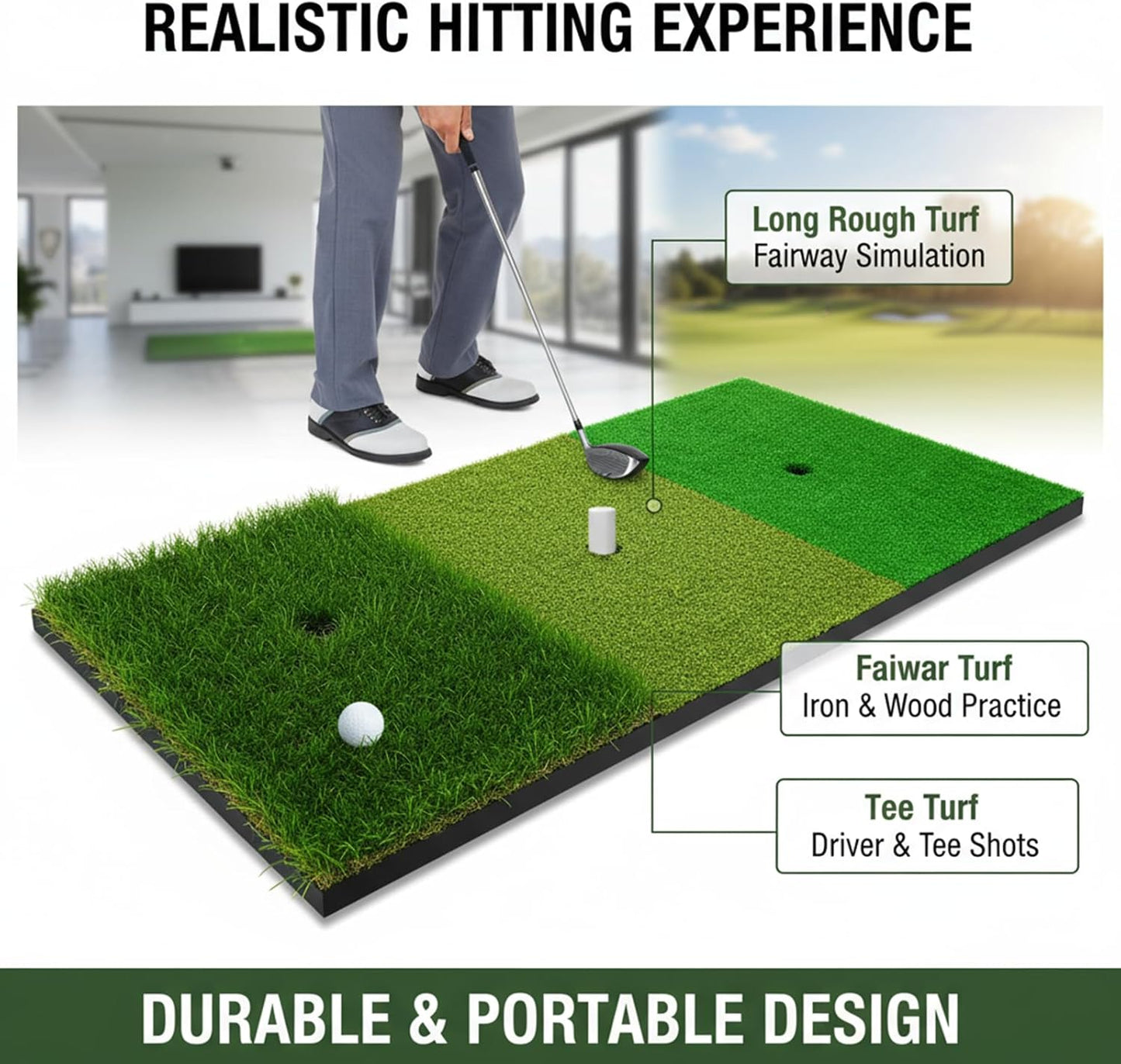 3-in-1 Golf Chipping Mat – Tri-Turf Golf Practice Mat for Indoor & Outdoor Use, Durable Turf Hitting mat for Driving, Chipping, and Putting Practice