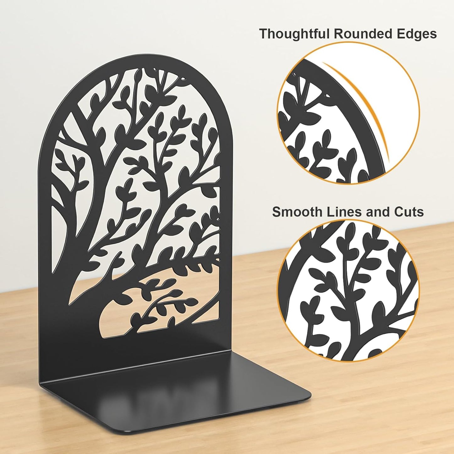 VFINE Bookend 3 Pairs, Decorative Book End, Bookends for Shelves, Desktope Book Ends, Book Stopper to Hold Books, Unique Black Metal Tree Book Holder for Home Office