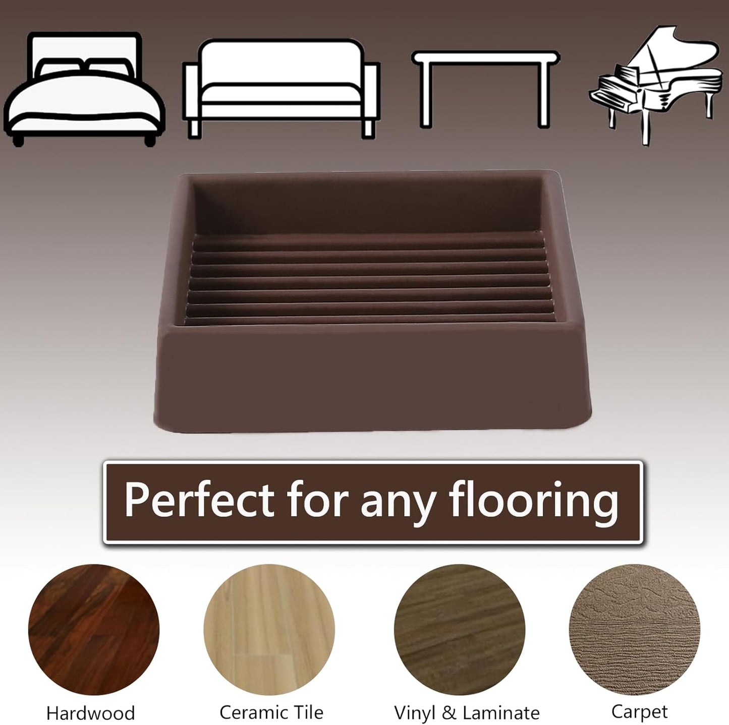 2x2 Square Rubber Furniture Caster Cups, Anti-Sliding Furniture Pads Bed Stopper Floor Protectors with Grip - Protect Any Flooring