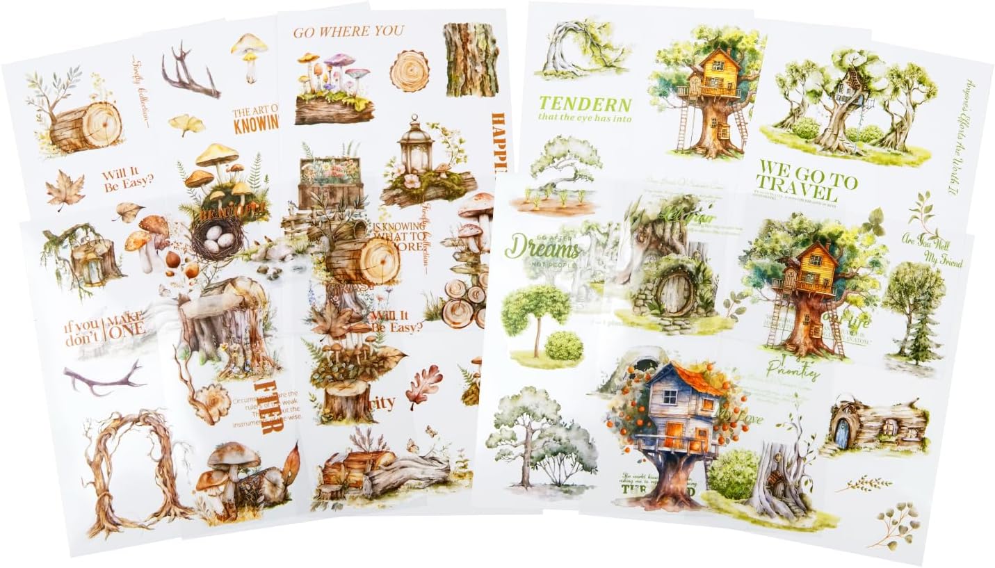 Forest Adventure Sticker Book Set, 20Sheets PET&Washi Pre-Cut Stickers for Scrapbooking, Journaling, DIY Crafts, and Art Supplies
