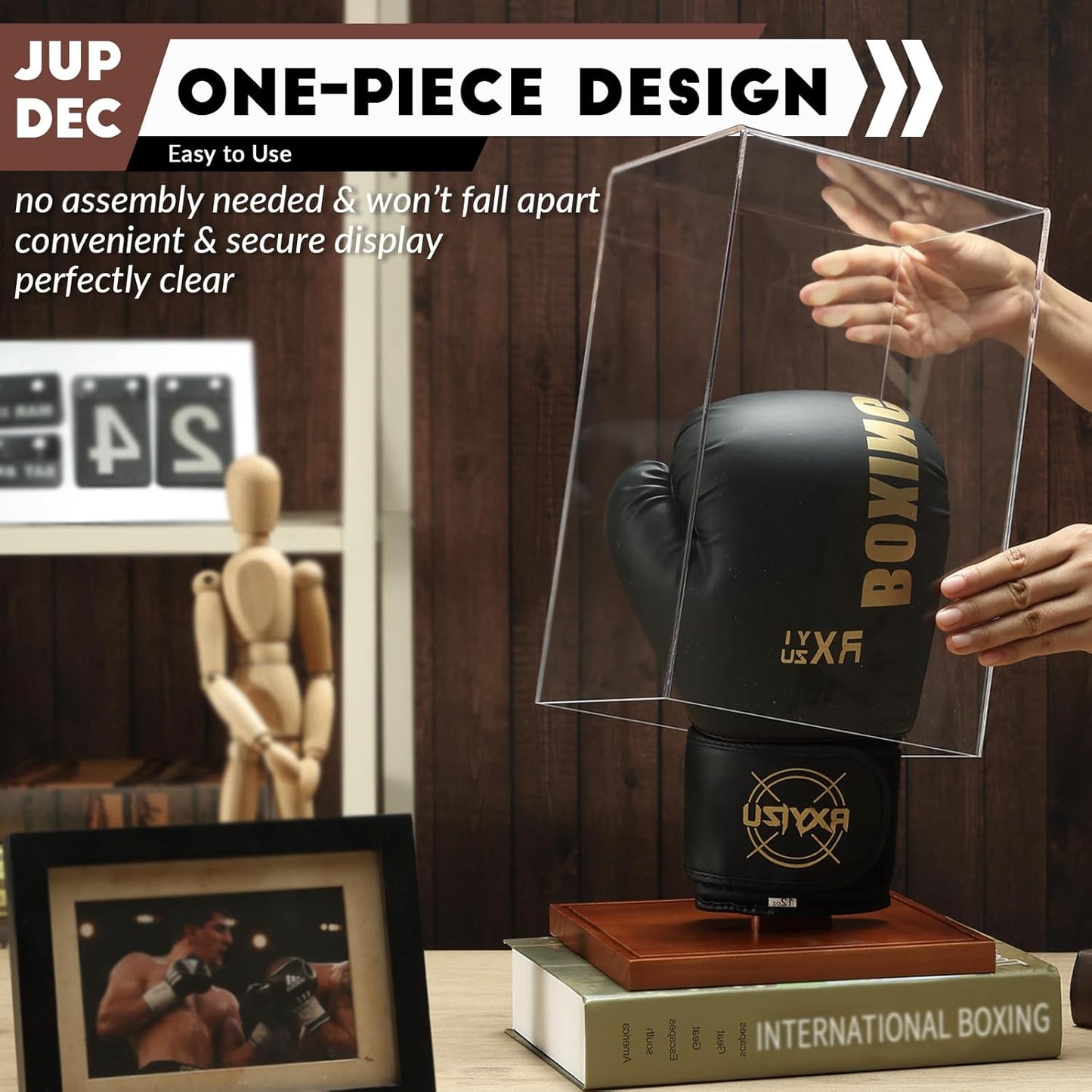 JupDec Boxing Glove Display Case, Clear Acrylic Showcase with Wood Base & Plank for Single Glove, Full Size UV Protection Souvenirs and Collectibles Box, Ideal Gift for Boxing Fans