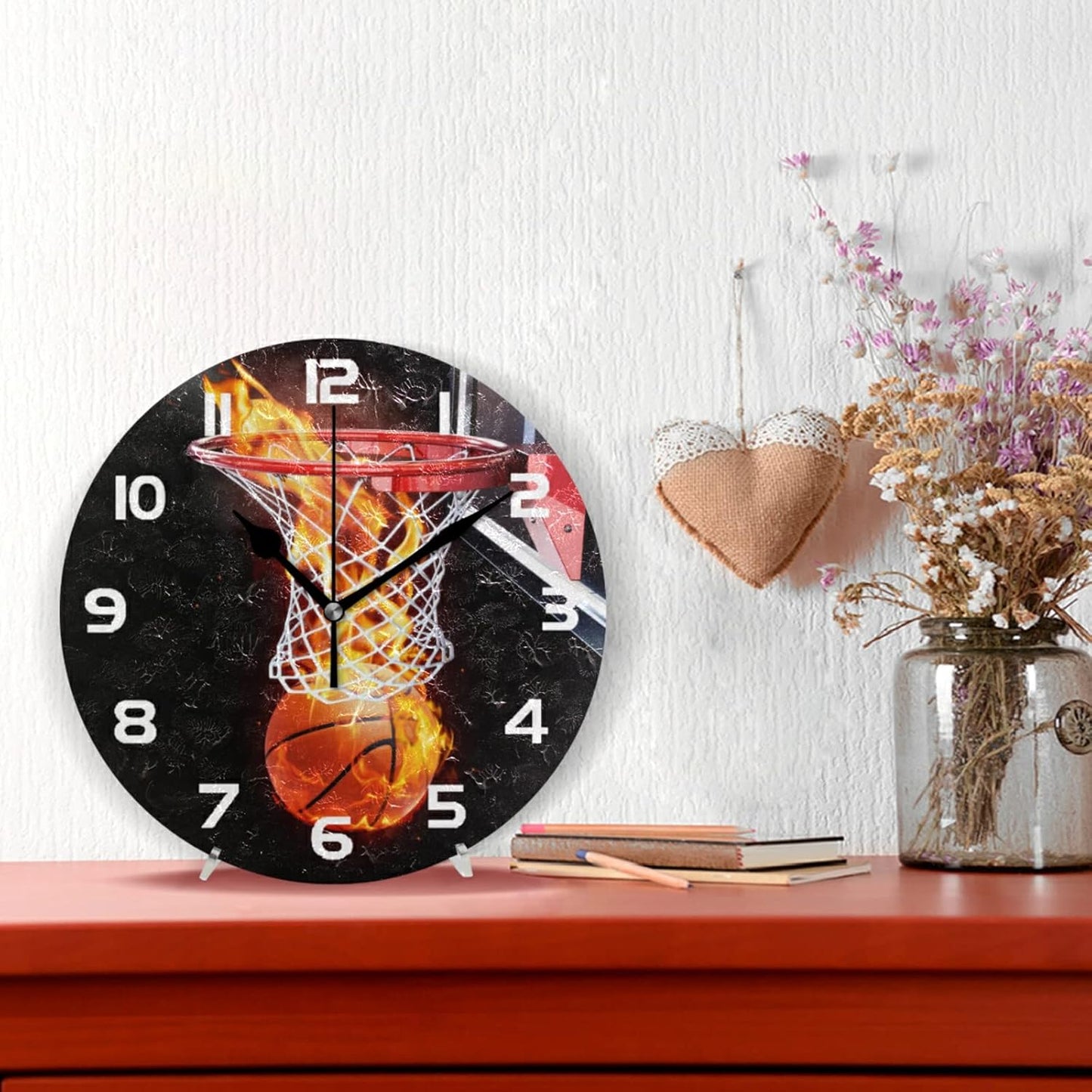 Flaming Basketball Wall Clock Silent Non-Ticking,Sport Theme 9.5 Inch Round Wall Clock Battery Operated Clock Decor for Boys Room Home Wall Bathroom Kitchen Bedroom Living Room Office Classroom Patio
