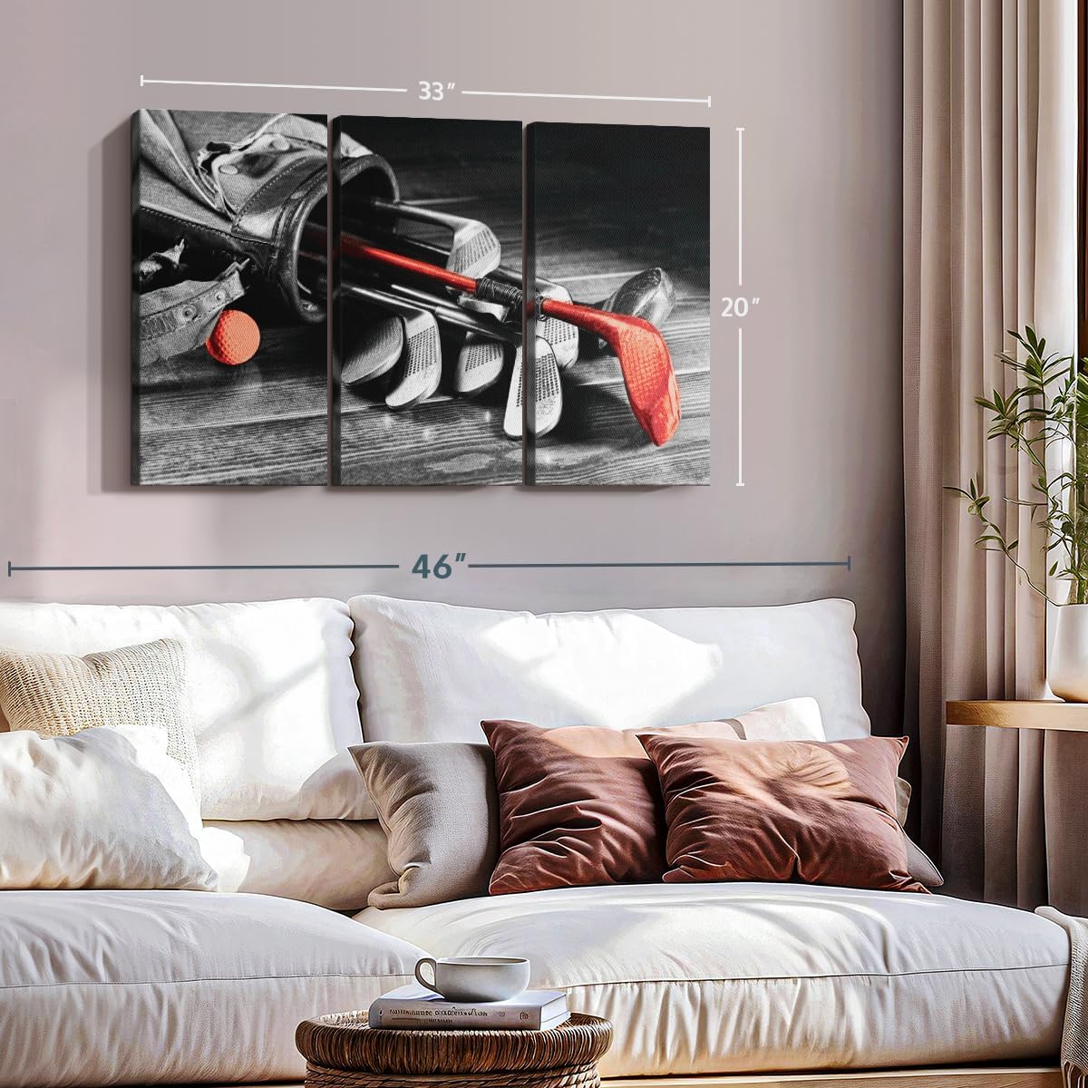 ElephantStock Golf Equipment Pop Wall Art - Horizontal Canvas - 3-Piece Living Room Wall Decor - Photography Sports Canvas Print - Black and Gray Decor for Wall - 33" X 20"
