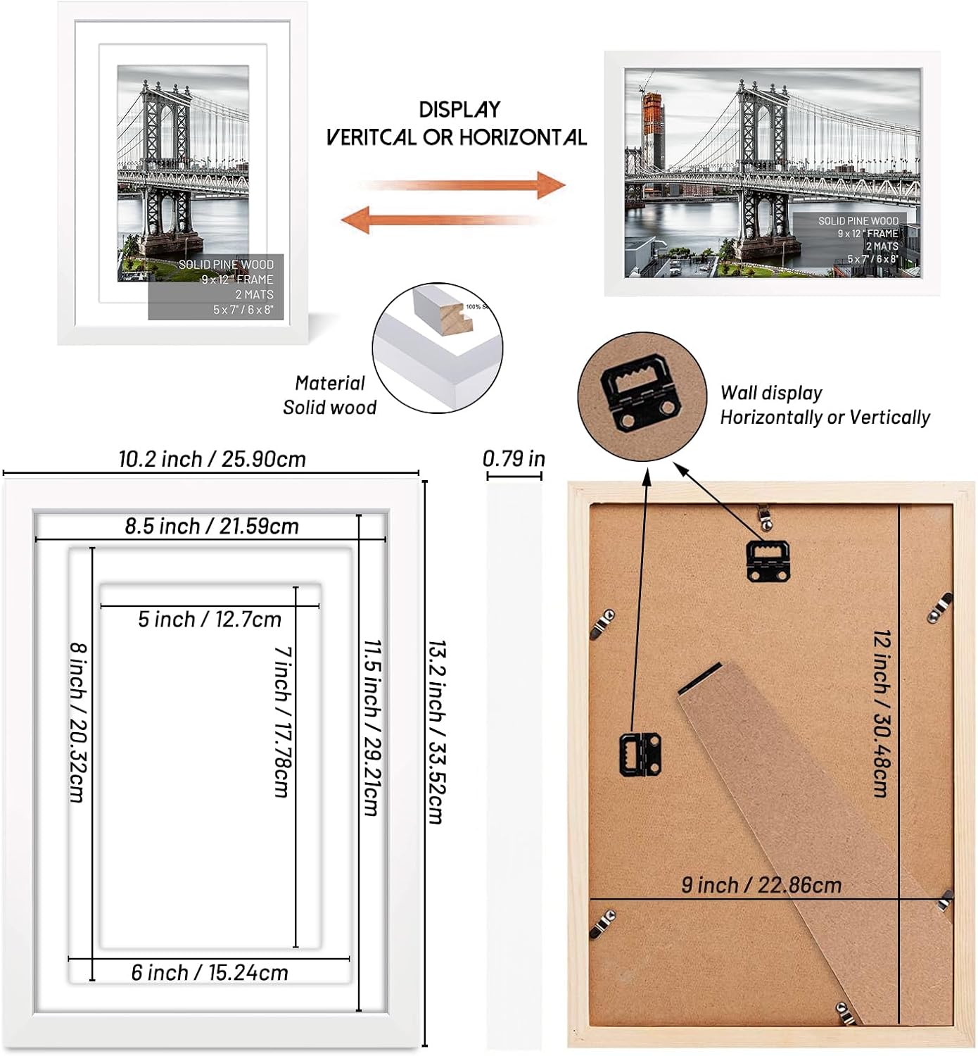 9x12 Solid Wood Picture Frames - Display 6x8 or 5x7 with Mat, 9x12 Frame without Mat - Wall Mounting or Table Top (White)
