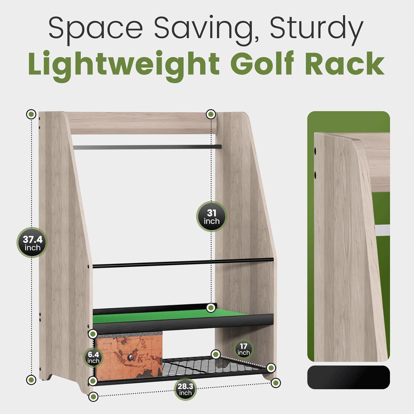 Golf Bag Organizer Rack – Large Wooden Golf Storage for 2 Bags, Clubs & Accessories with Dustproof Drawer, Sports Equipment Rack for Garage, Practice Room, Home or Office (Black)