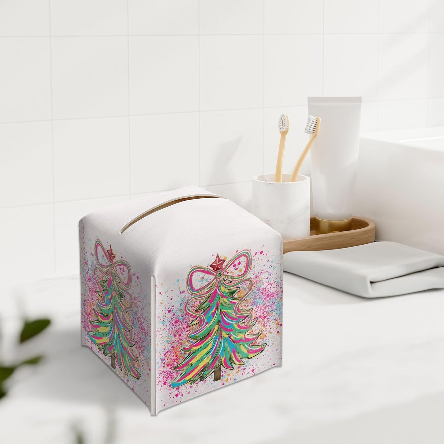 Christmas Tree Tissue Box Holder, Colorful Christmas Tree Leather Tissue Box Cover Square, Paper Facial Decorative Tissues Cover for Night Stands Bathroom Kitchen Office Home Decor-B01