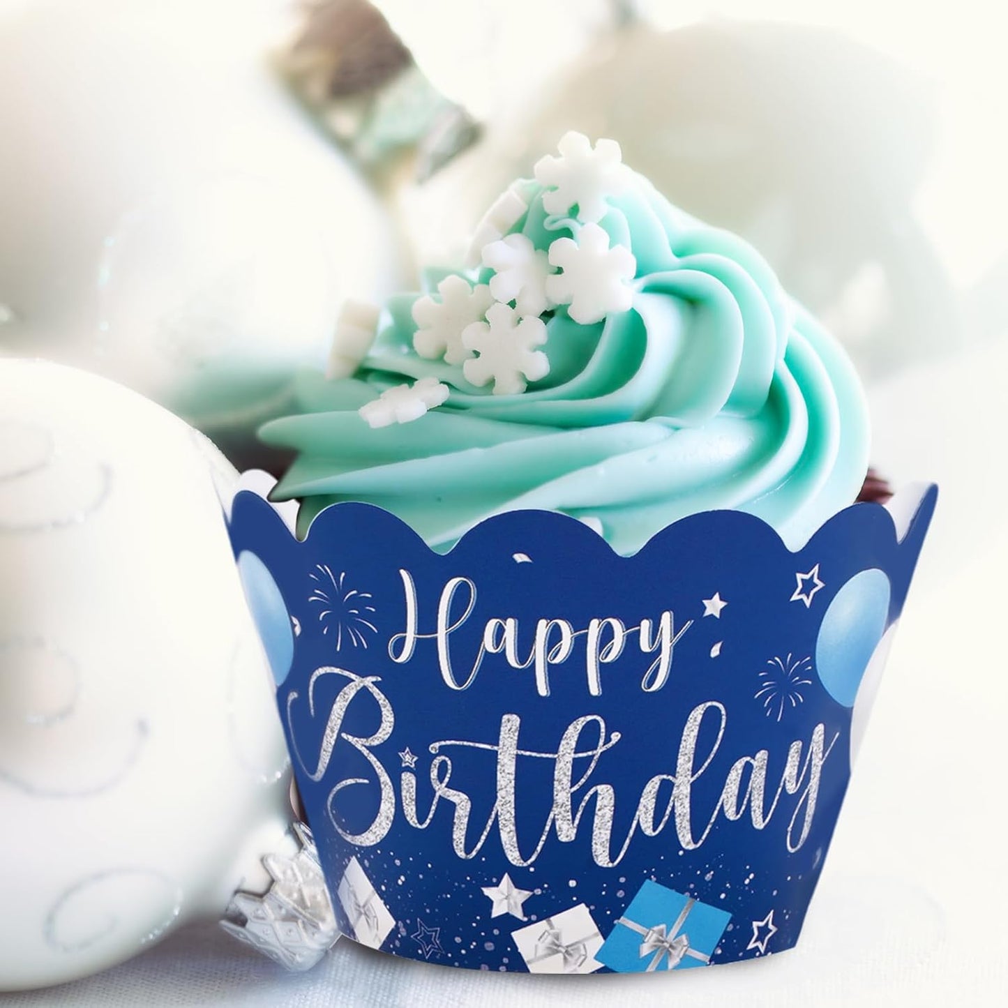 Whaline 36Pcs Happy Birthday Cupcake Wrappers Blue Silver Birthday Cupcake Liners Decorative Cupcake Holders for Baby Shower Birthdays Party Cake Decoration