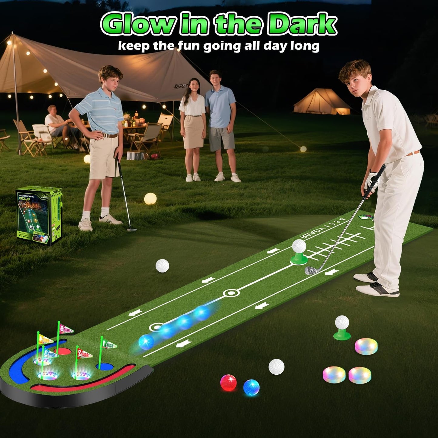 Kids Toy Golf Mat Set, Golf Putting Mat with Light up Holes, Glowing Golf Balls, Putting Green with 2 Clubs, Toy Golf Set,Golfing Mats Indoor Outdoor,Sport Game for Kids Family