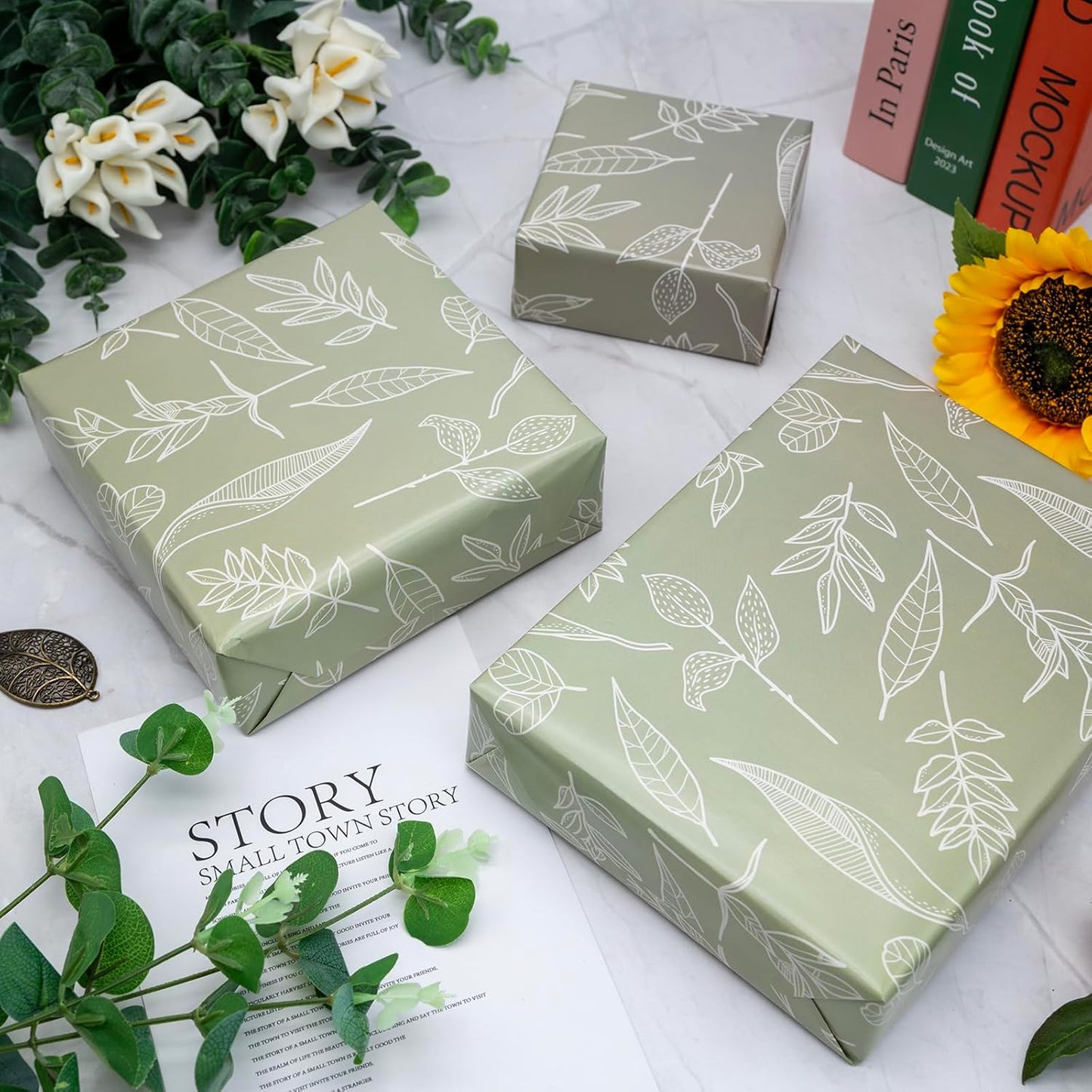 Dtiafu Sage Green Wrapping Paper Gentle Leaves Gift Wrap Paper Bulk Green Spring Designs for Women Girls Wedding Mothers Day Birthday Holiday Thanksgiving - 20 x 28 Inch Per Sheet (6 Sheet)