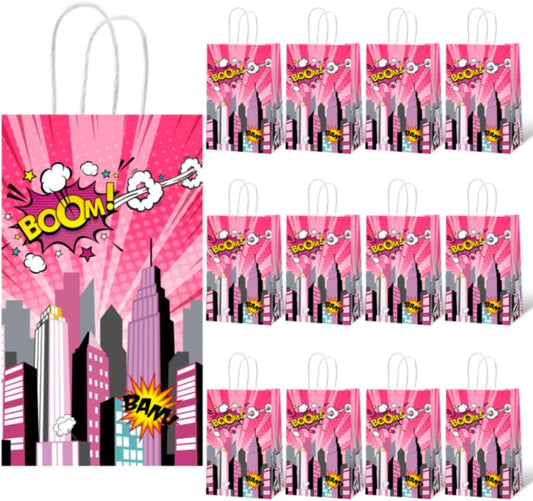 gisgfim 12 Pcs Super Girl Theme Party Supplies Bags Pink Hero Birthday Party Goody Treat Paper Bags Party Decorations Super Girl Theme Baby Shower Birthday Party Gifts 8.3 x 4.7 x 3.2 Inches