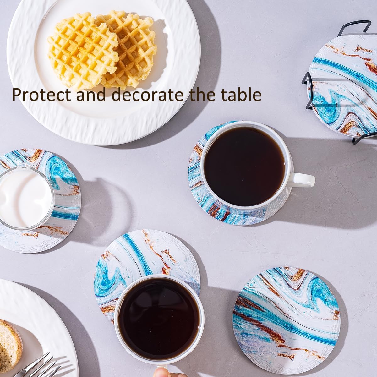 Marble Coasters with Holder Set of 6, Blue Marble Abstract Ceramic Coasters for Drinks, Housewarming Birthday Gifts,
