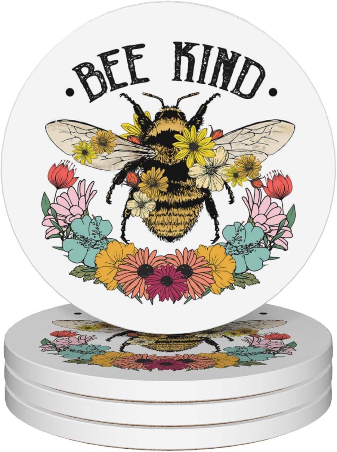 Coasters for Drinks,Bee Kind Wild Flower Absorbent Coaster Set of 4 with Cork Base,Ceramic Drink Coasters for Cold Drinks Wine Glasses Cups Mugs,Housewarming Gifts for Home Decor