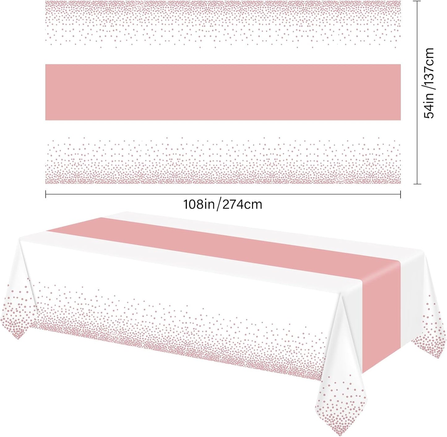 6 Pack Rectangle Plastic Dot Tablecloth Set, 54 X 108 Inch Plastic Table Cover, 12 x 108 Inch Satin Table Runners for Wedding Graduation Birthday New Year Party Decorations (White, Rose Gold)