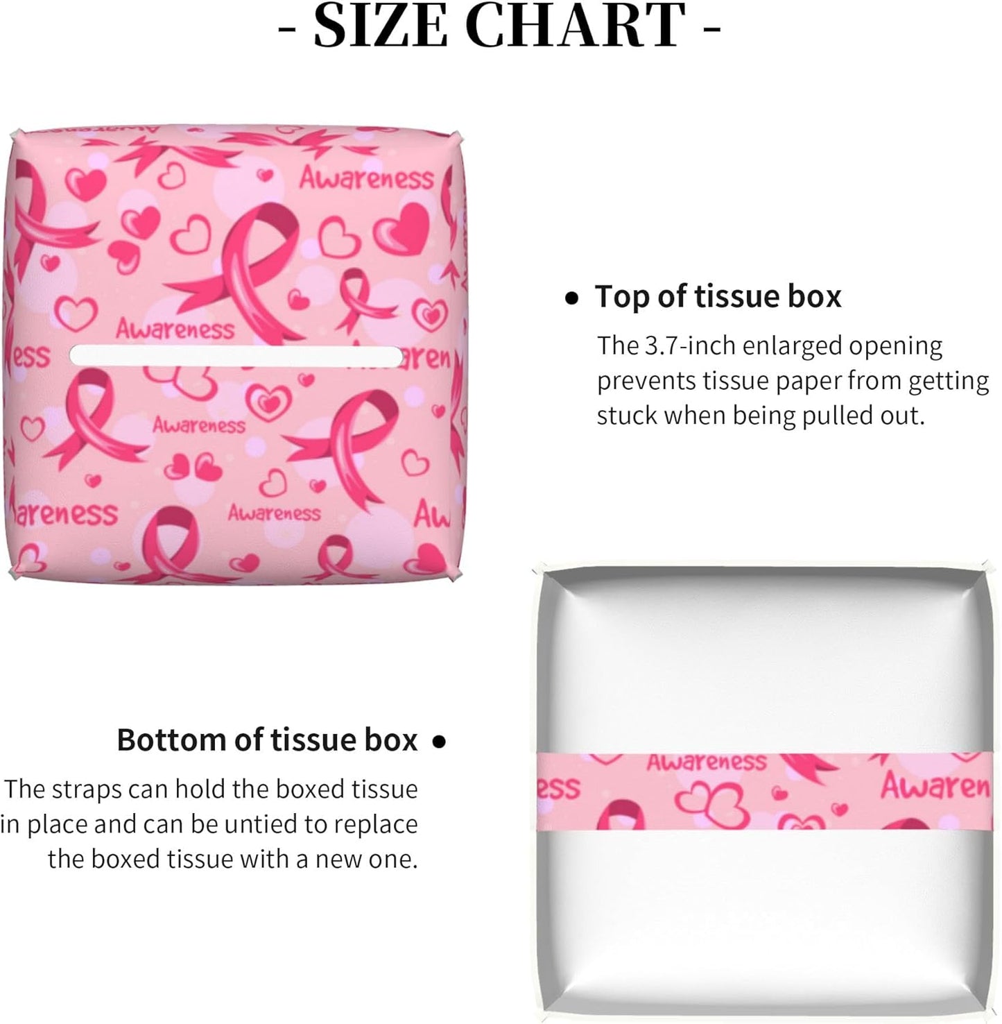 Breast Cancer Awareness Tissue Box Cover Square,Ribbons and Hearts Tissue Box Holder Waterproof Leather Facial Paper Organizer Dispenser for Bathroom Home Car Nightstand Vanity Desk