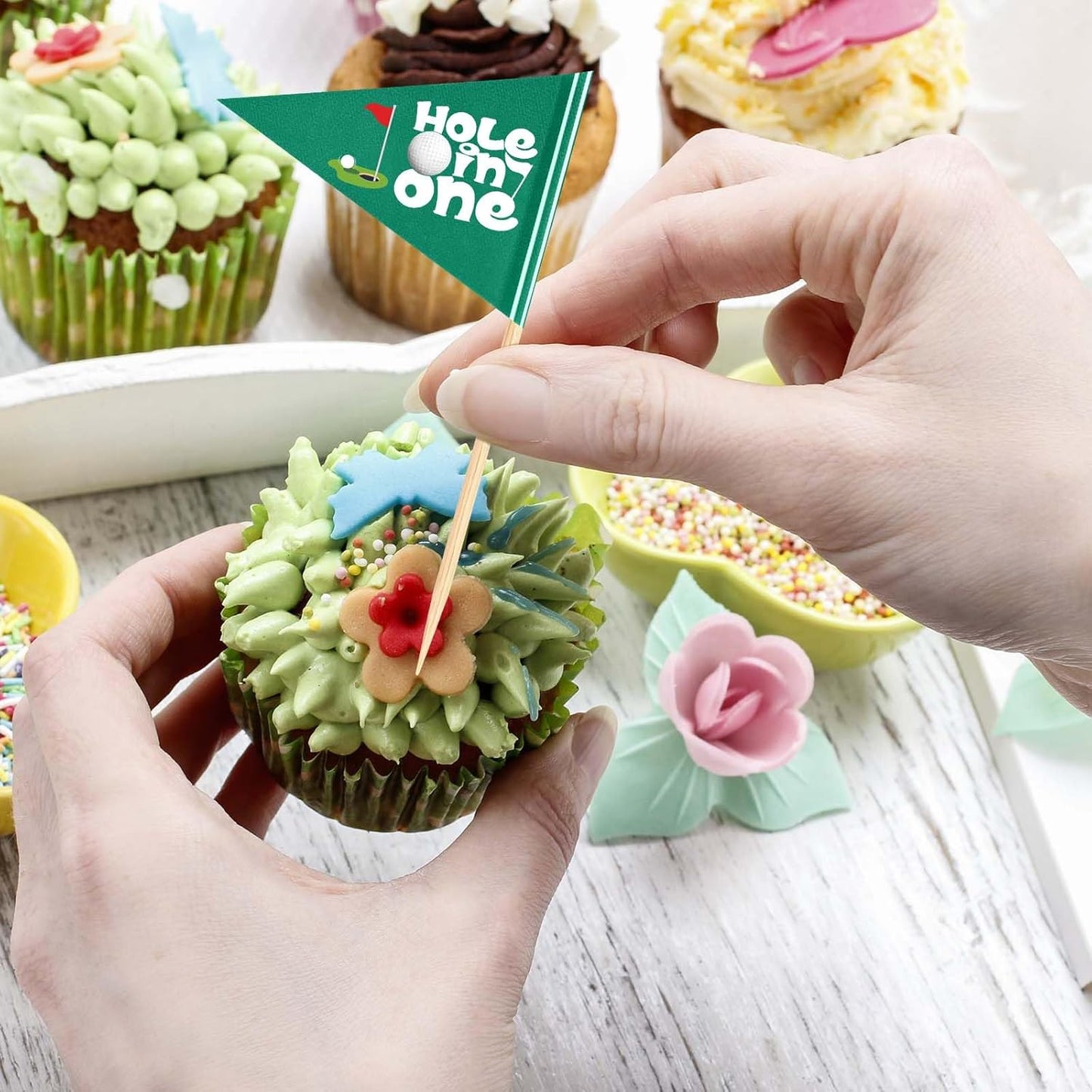 100 Pcs Golf Themed Toothpick Flags Hole in One Cupcake Toppers Birthday Decorations Green Mini Stick Cocktail Picks for Baby 1st Birthday Party Food Bar Decorations