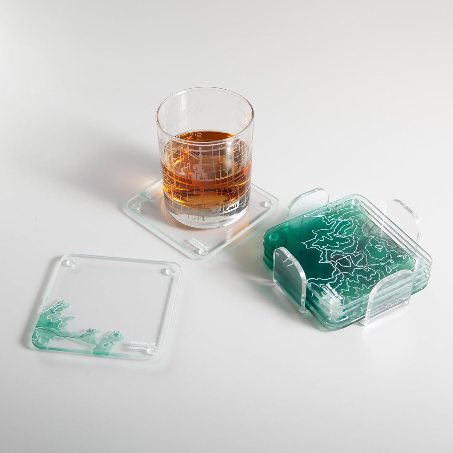 Park City, UT 3D Contour Map Glass Drink Coasters of Mountains, Ski Resort, Set of 6 with Holder, Housewarming Birthday Gifts, Home Decor