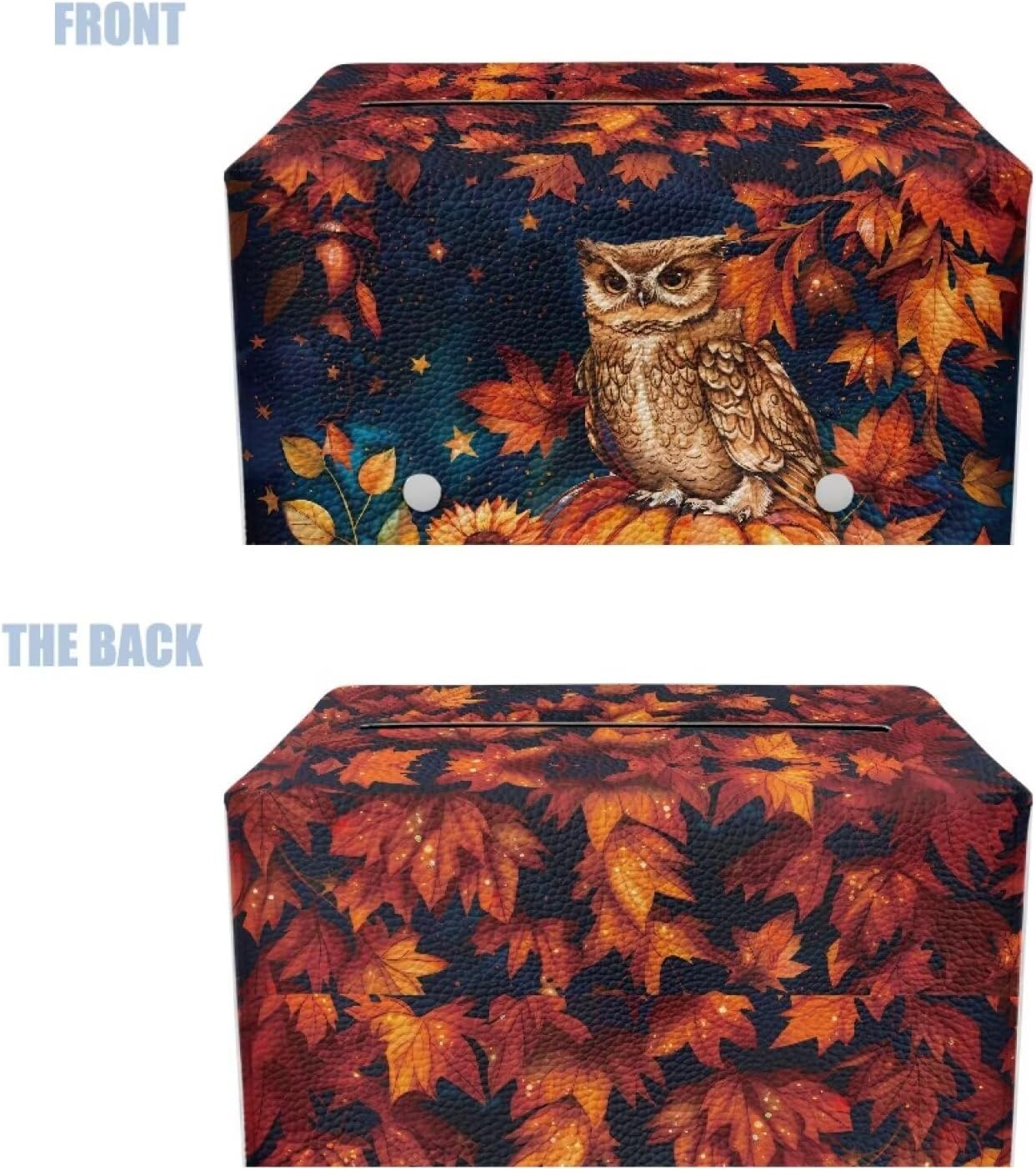 Thanksgiving Tissue Box Cover Fall Leaf & Owl Tissue Cover PU Leather Facial Paper Organizer with Bottom Belt Napkin Holder Holiday Decor for Home, Tabletop, Night Stands