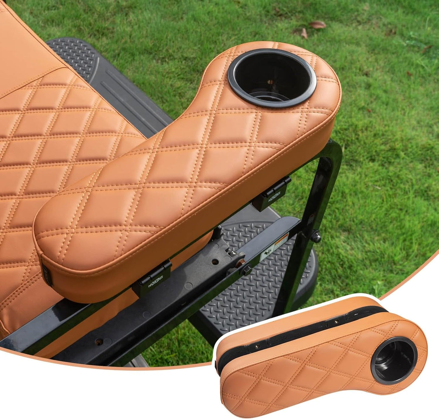 NOKINS Golf Cart Diamond Flip Armrest with Cup Holder, No Drilling Required, Golf Cart Folding Hinged Armrest, Inward Mount, for Club Car EzGo Yamaha Back Seat Kit