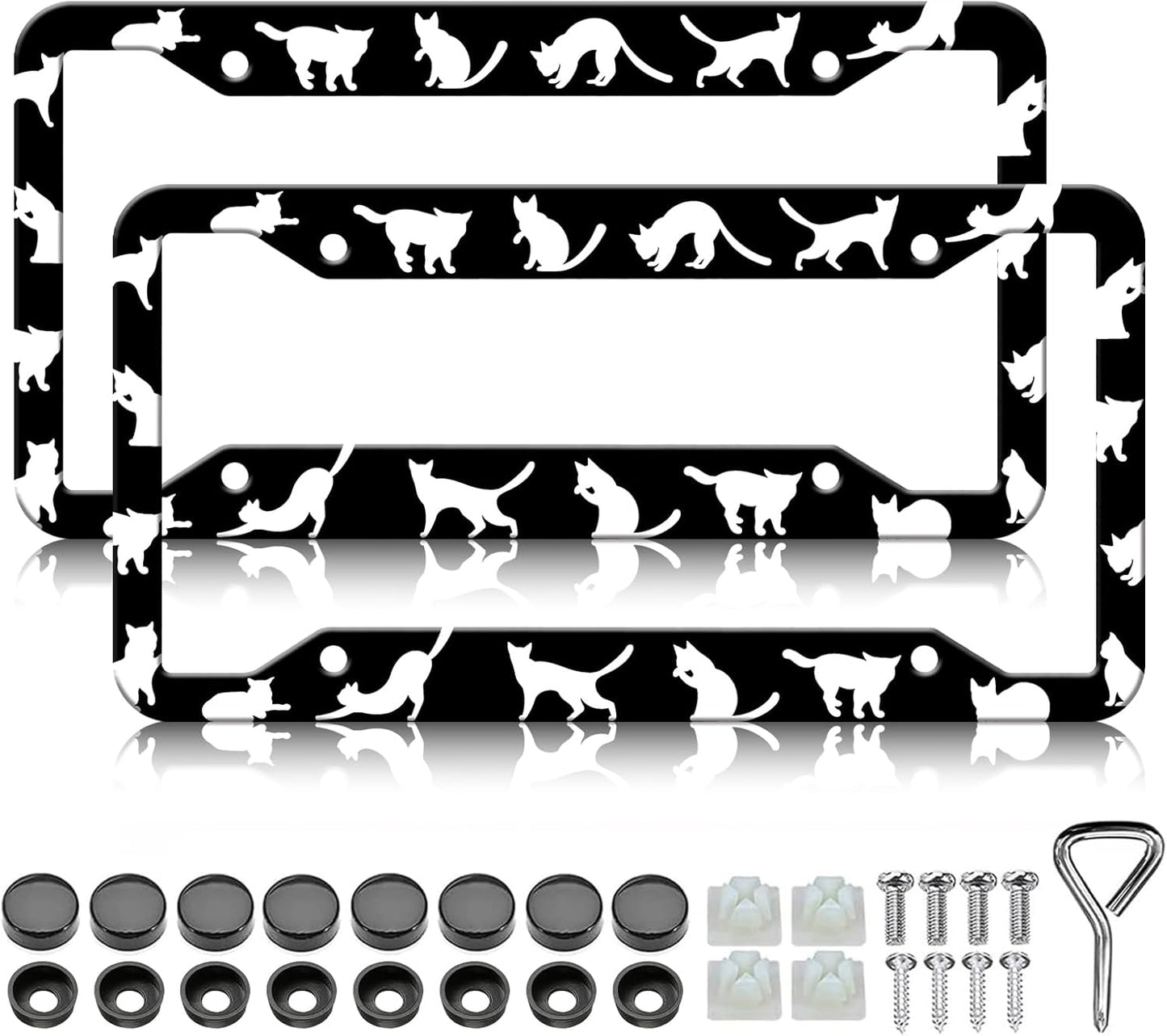 Cat License Plate Frames - 2 Pack Front Rear Cute Cats Pet Animal License Plates Holder Covers, Aluminum Metal Rust-Proof Waterproof Car Tag Frame with Screws Fasteners Caps