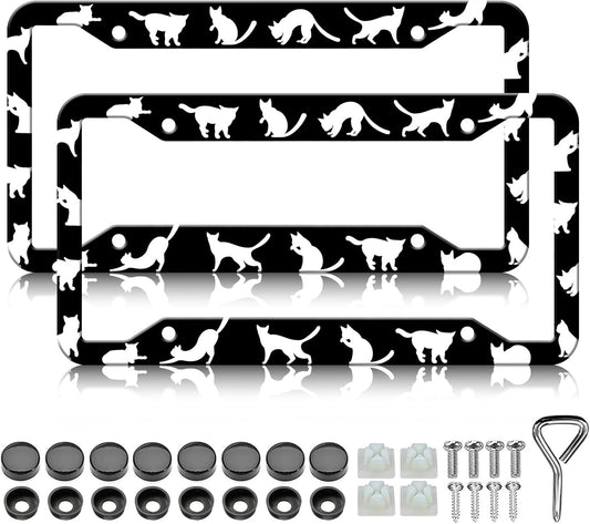 Cat License Plate Frames - 2 Pack Front Rear Cute Cats Pet Animal License Plates Holder Covers, Aluminum Metal Rust-Proof Waterproof Car Tag Frame with Screws Fasteners Caps