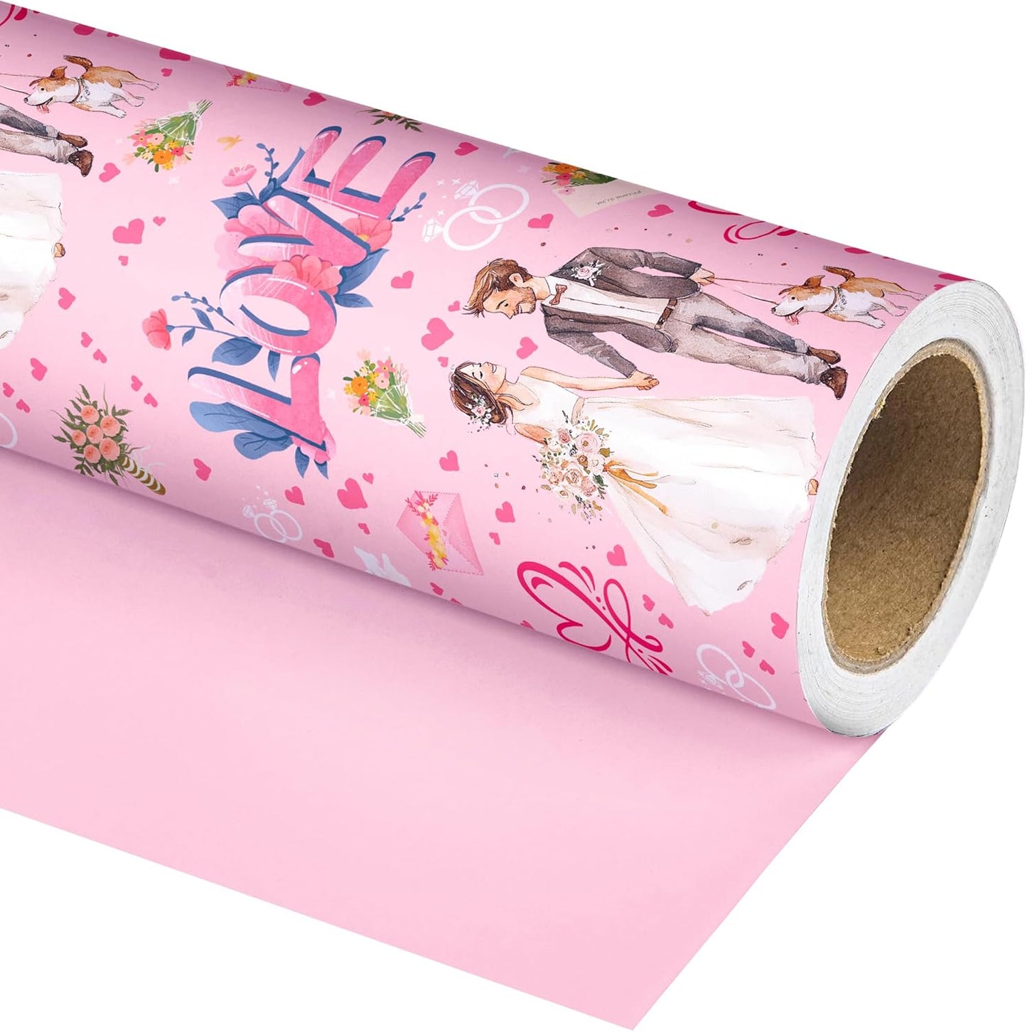 Vnaaem Reversible Wedding Wrapping Paper Roll for Girls Women - Pink Floral Design Gift Wrap for Holiday Bridal Shower Party - 17 in x 20 ft(Total 28.5sq.ft)