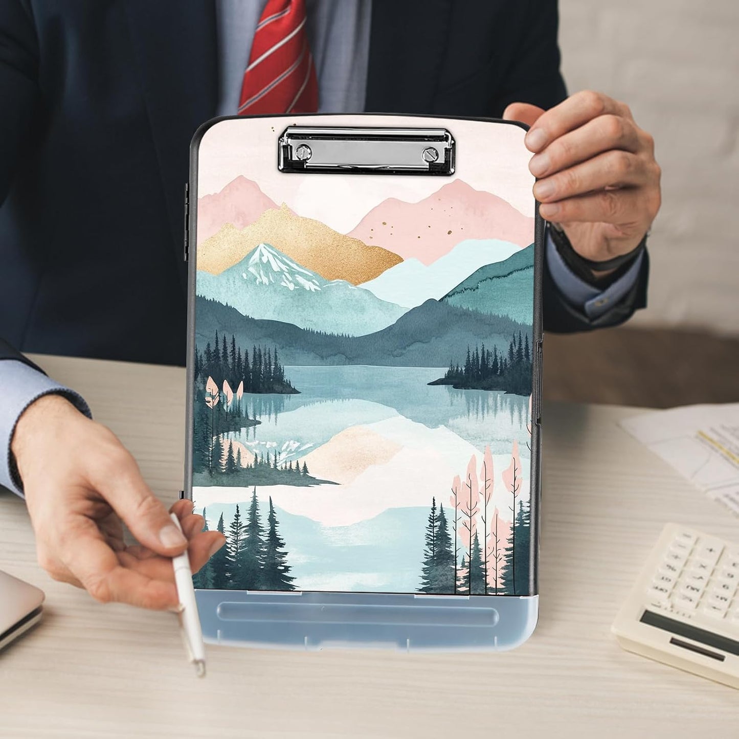 Clipboard with Storage - Large Capacity,Nursing Clipboard with Pen Holder,Heavy Duty,Plastic Side-Opening Folder for Teacher,Nurse - Colorful Mountains River