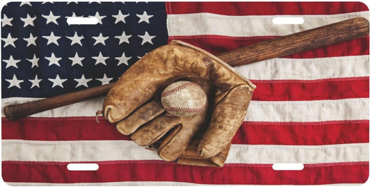 Flag American Baseball License Plate Funny Aluminum Front License Plates Decorative Waterproof Rust-Free Metal Car Plate Covers for Women Men Car Tag Accessories fit Truck SUV Rv 12 X 6 Inch