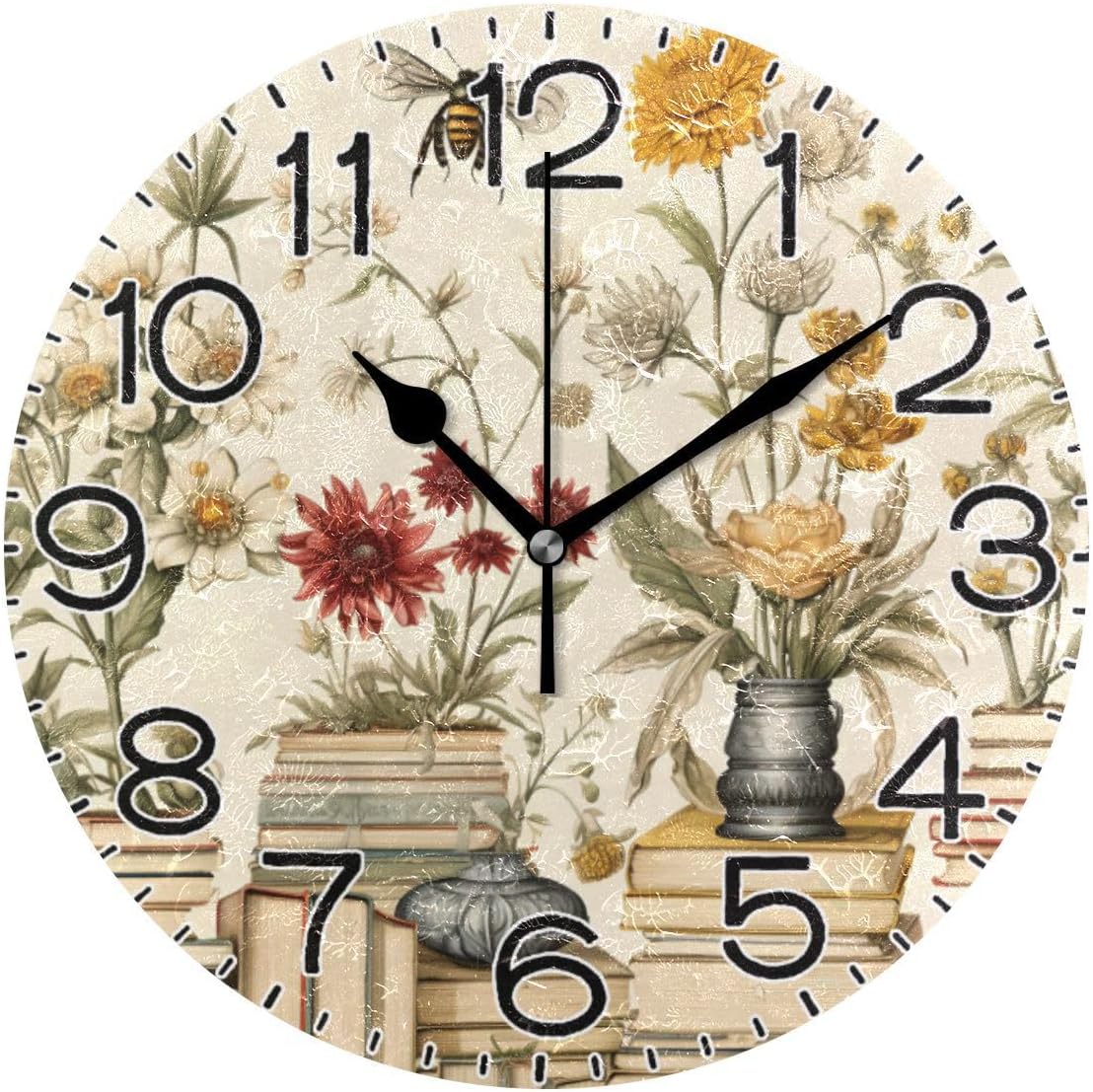 Vintage Yellow Books Flowers Bees Wall Clock Battery Operated Non Ticking Silent Quartz Analog Rustic Farmhouse Round Clock Retro Decor for Home Kitchen Living Room Bathroom