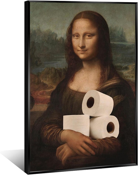 Funny Bathroom Wall Art Classical Oil Painting Mona Lisa and Toilet Paper Poster Amusing Prank Canvas Prints Vintage Humor Wall Decor for Restroom 24x36in Framed
