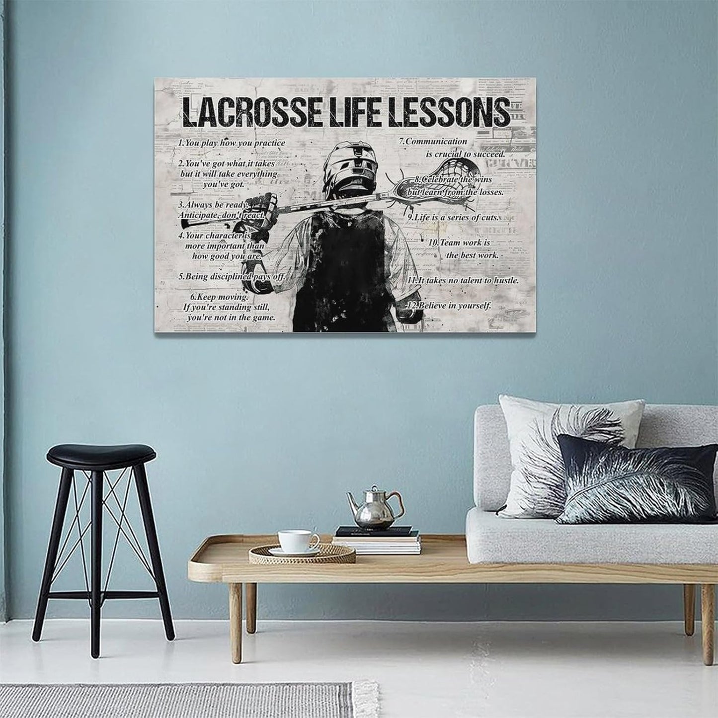 Lacrosse Sports Wall Art Lacrosse Life Lessons Wall Decor Lacrosse Sign Retro Poster Boy Men Room Motivational Decorations Canvas Print Painting Artwork For Bedroom Bathroom Living Room 24"x16"