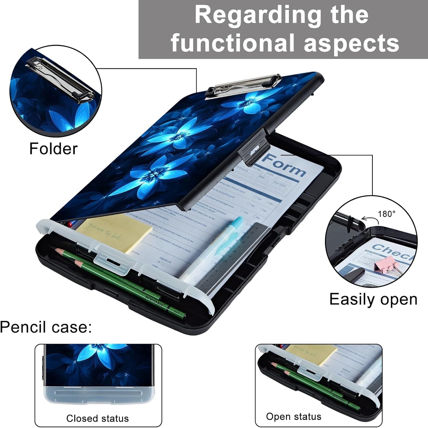 Clipboard with Storage - Large Capacity,Nursing Clipboard with Pen Holder,Heavy Duty,Plastic Side-Opening Folder for Teacher,Nurse - Blue Floral Flowers