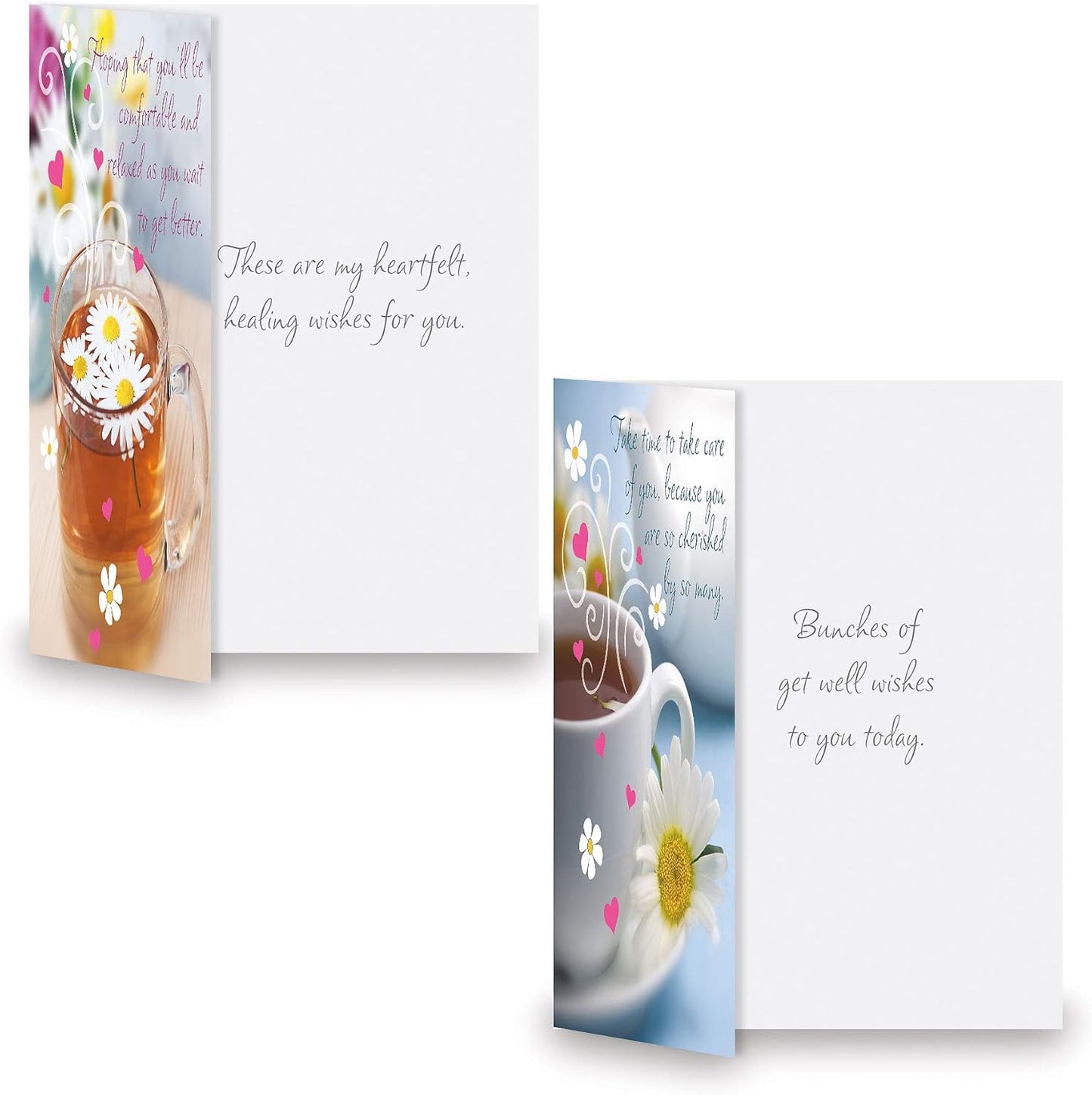 Teacup Get Well Greeting Cards - Set of 8 (4 Designs), Large 5" x 7", Sympathy Cards with Sentiments Inside, White Envelopes