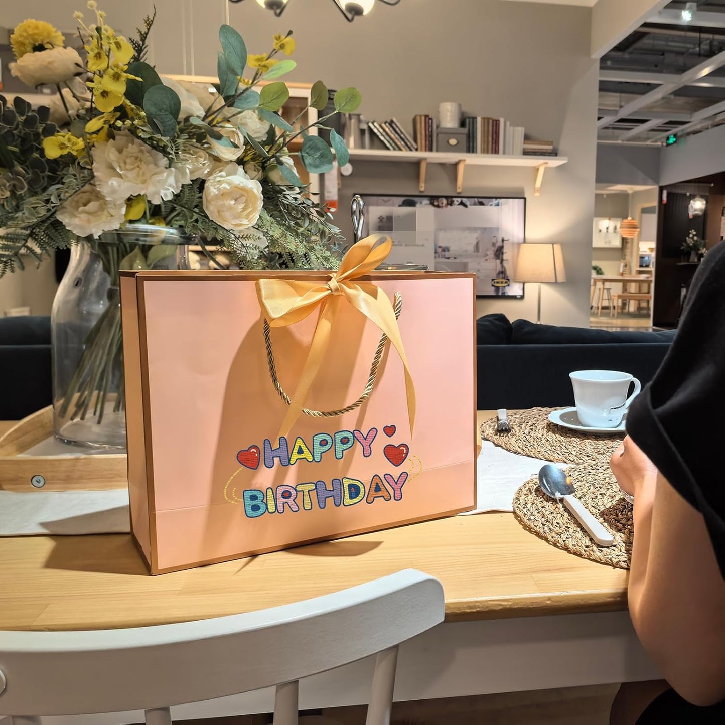 TKSBAG 12PCS Gift Bags Medium Size with Handles, 12.5 x 9.8 x 4.3 In Pink Gold Thank You Bags with Bow Ribbon for Wedding, Birthday, bridesmaid, Groomsmen, Party Favors, Thanksgiving, Christmas