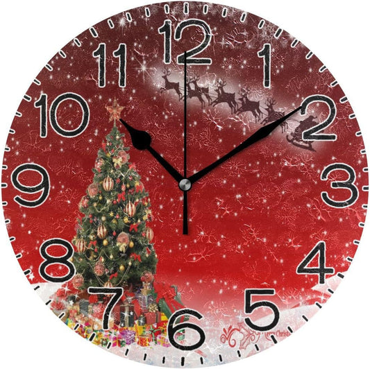 Santa Claus Christmas Tree Wall Clock Battery Operated Non Ticking Silent Quartz Analog Rustic Farmhouse Round Clock Retro Decor for Home Kitchen Living Room Bathroom