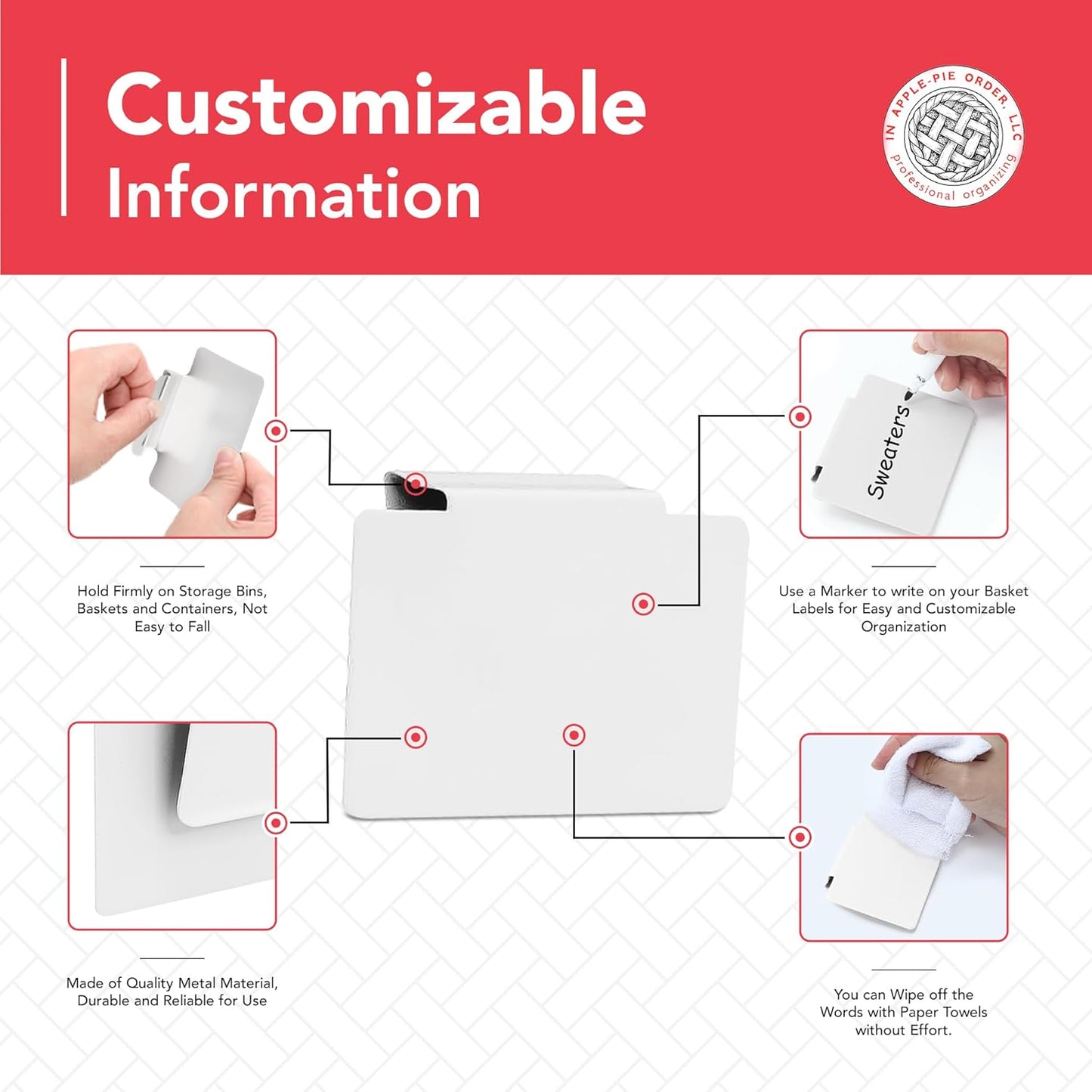 Labels for Storage Bins | Metal Storage Bin Clips (2.5” x 3.5”) - Set of 8 Basket Clip On Tags for Storage Bins w/Non-Slip Grip Pads & Dry Erase Marker - Removable Bin Labels for Storage Baskets