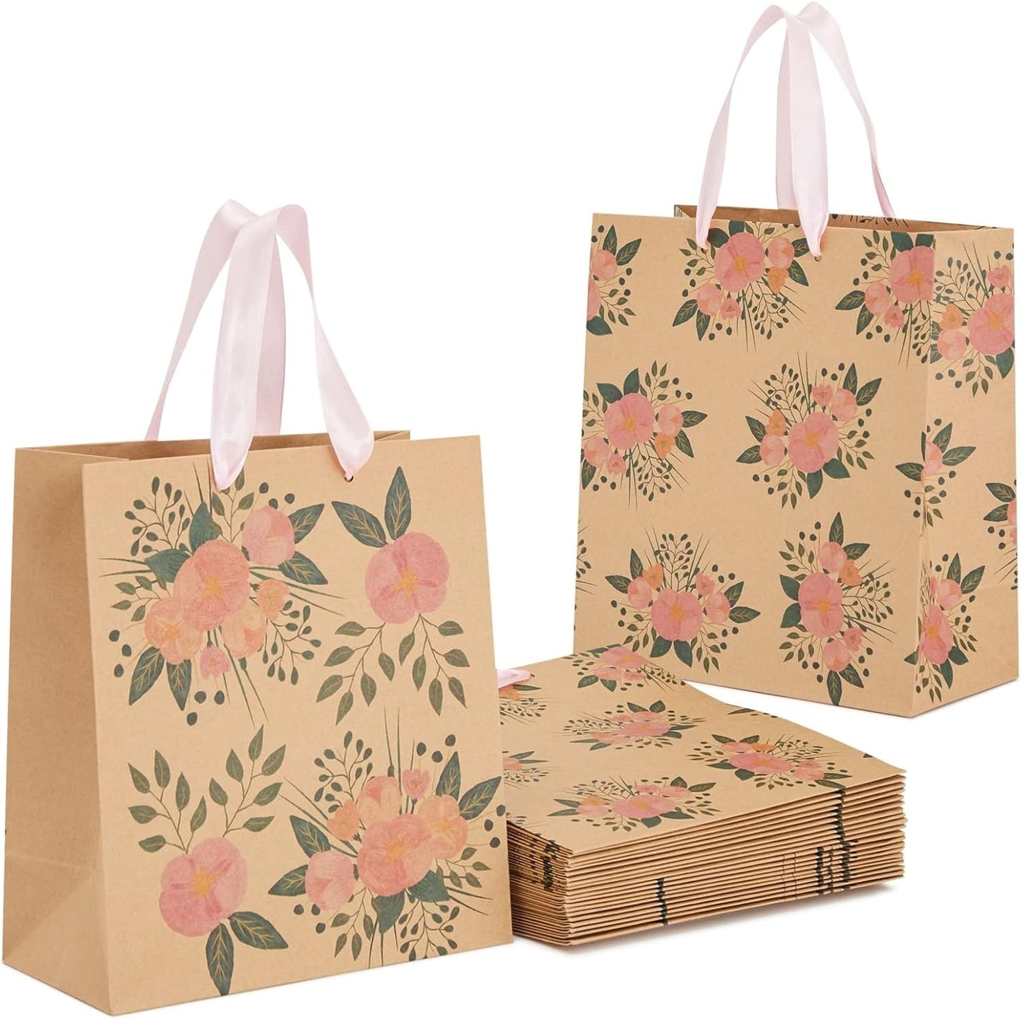 Juvale Floral Gift Bags - 8 x 4 x 9 in - Pink Ribbon Handles - Durable Paper with Reinforced Bottom - For Party Favors & Return Gift Bags