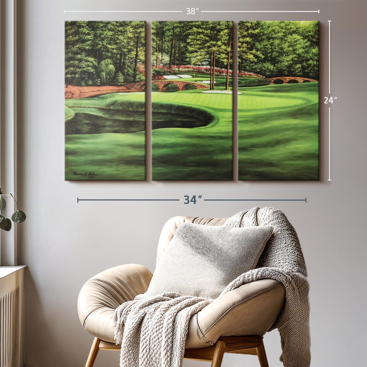 ElephantStock Augusta National 11th Hole I Wall Art - Horizontal Canvas - 3-Piece Living Room Wall Decor - Painting Sports Canvas Print - Green and Brown Decor for Wall by Marci Rule - 38" X 24"