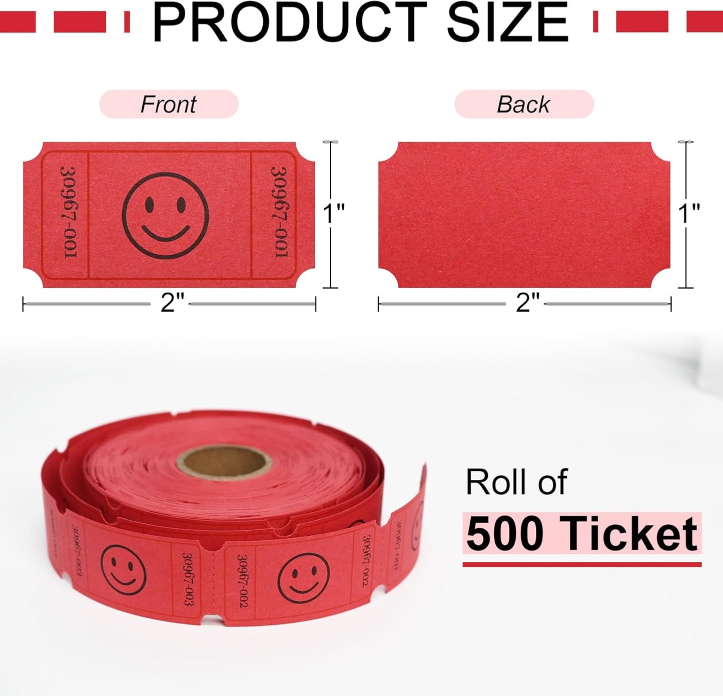 L LIKED 500 Raffle Tickets, Smile, Red (6 Color Selection), Single Roll, Ticket for Events, Entry, Class Reward, Raffle & Prizes