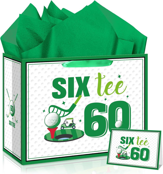 Quirkistry Golf 60th Birthday Gift Bag for Men Golf Happy Sixty Birthday Party Gifts bag with Tissue Paper Greeting Card Six-Tee Bday Gift Wrapping Bag for Sports Themed Party Decorations Supplies